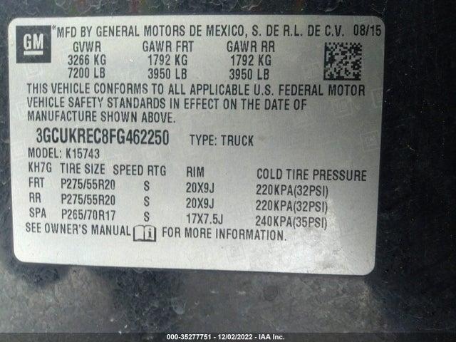 2015 CHEVROLET SILVERADO 1500 LT VIN: 3GCUKREC8FG462250
