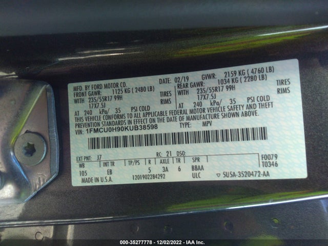 2019 Ford Escape, VIN: 1FMCU0H90KUB38598