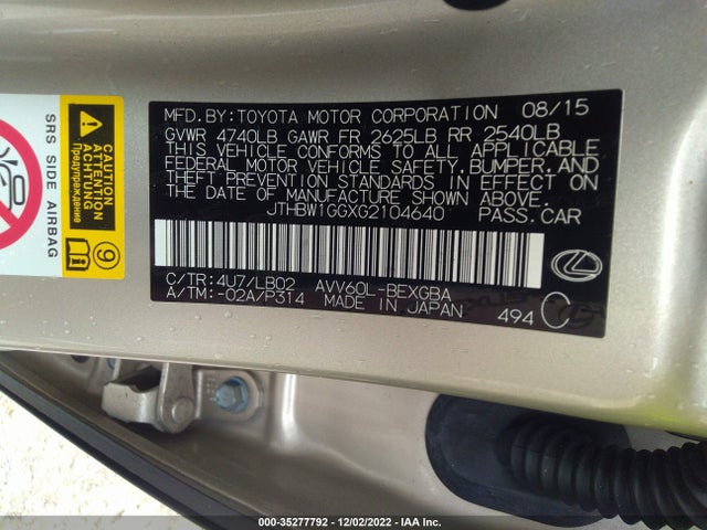 2016 Lexus ES, VIN: JTHBW1GGXG2104640
