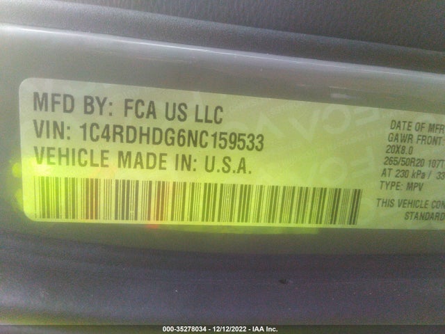 2022 Dodge Durango, VIN: 1C4RDHDG6NC159533