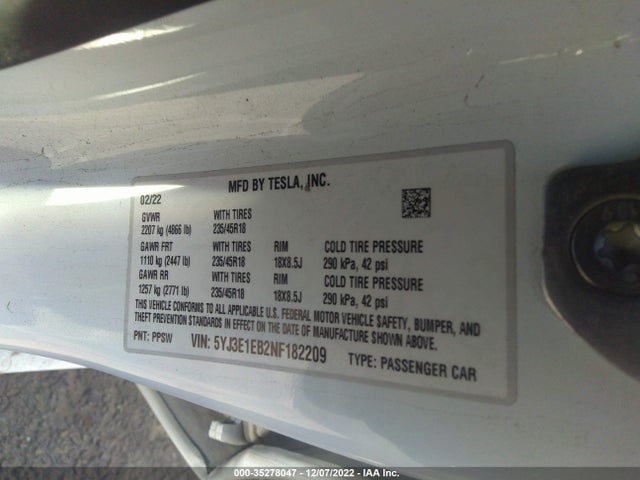 Tesla MODEL 3 2022 5YJ3E1EB2NF182209 Image 10