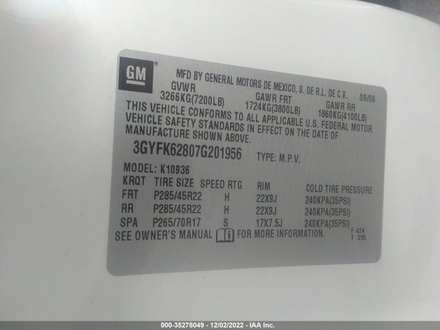 2007 CADILLAC ESCALADE EXT VIN: 3GYFK62807G201956