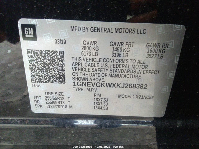2019 Chevrolet Traverse, VIN: 1GNEVGKWXKJ268382