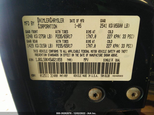 2005 JEEP LIBERTY LIMITED VIN: 1J8GL58K45W621859