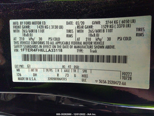 2020 FORD RANGER XL/XLT/LARIAT VIN: 1FTER4FH6LLA33118