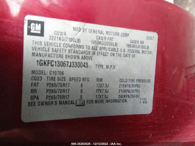 2007 GMC YUKON SLT VIN: 1GKFC13067J330043