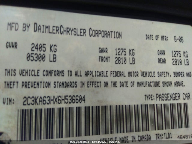 2006 CHRYSLER 300 C VIN: 2C3KA63HX6H536604
