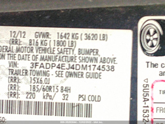 2013 FORD FIESTA SE VIN: 3FADP4EJ4DM174538