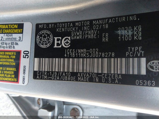 2018 TOYOTA CAMRY LE/SE/XLE/L VIN: 4T1B11HK5JU078278