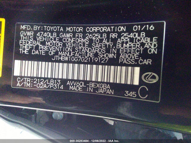 2016 Lexus ES, VIN: JTHBW1GG7G2119127