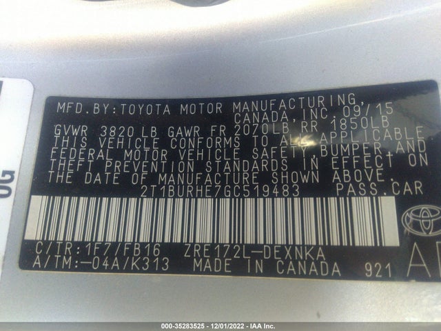 2016 TOYOTA COROLLA L/LE/S/S PLUS/LE PLUS VIN: 2T1BURHE7GC519483