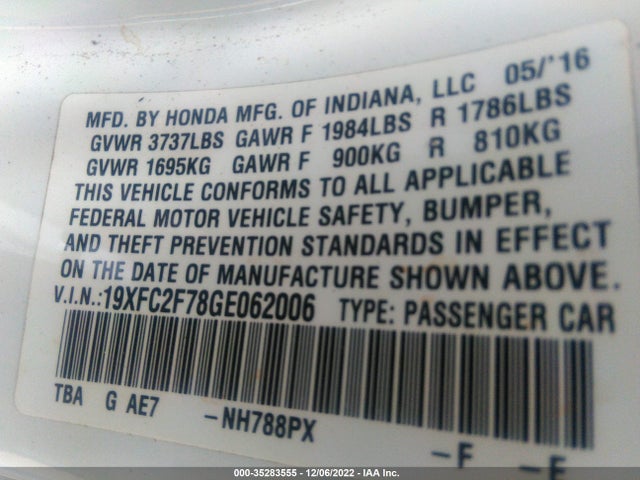 2016 HONDA CIVIC SEDAN EX VIN: 19XFC2F78GE062006