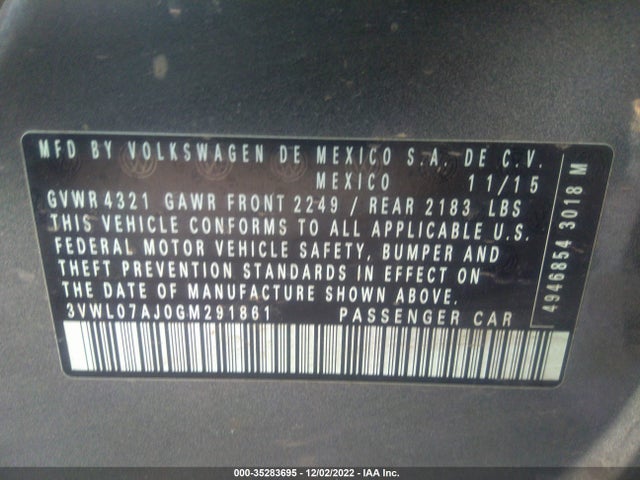 2016 Volkswagen Jetta, VIN: 3VWL07AJ0GM291861