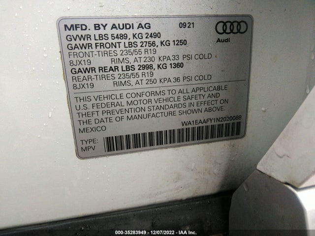 WA1EAAFY1N2020088 Audi Q5 S Line Premium Plus