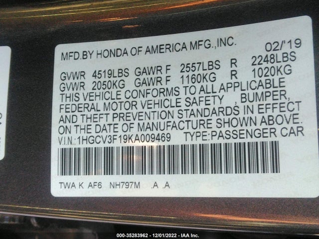 2019 Honda Accord, VIN: 1HGCV3F19KA009469