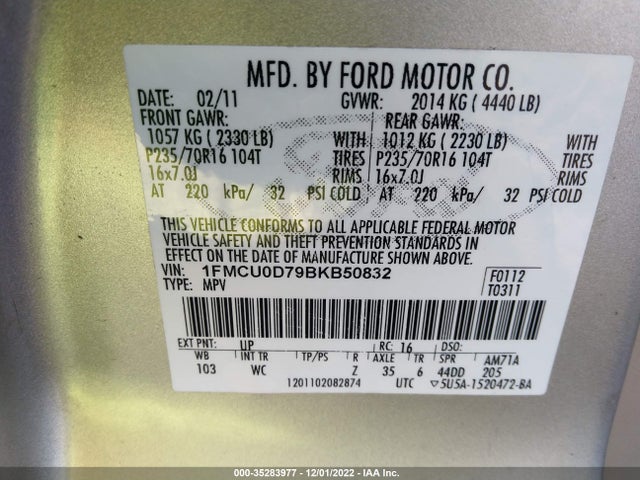 2011 FORD ESCAPE XLT VIN: 1FMCU0D79BKB50832