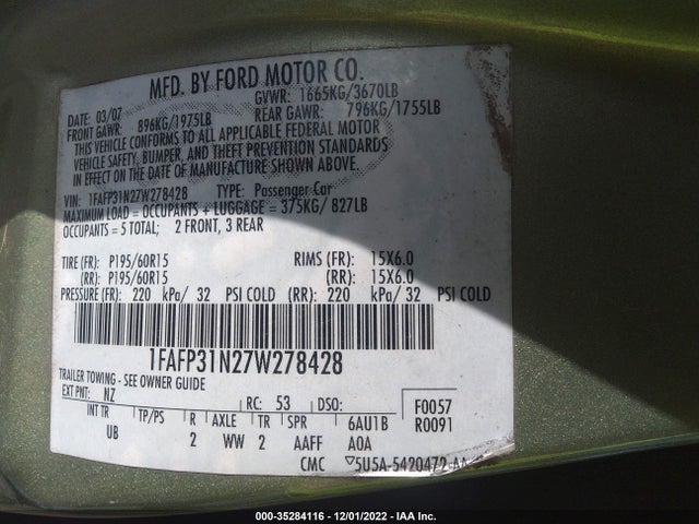 2007 FORD FOCUS S/SE/SES VIN: 1FAFP31N27W278428