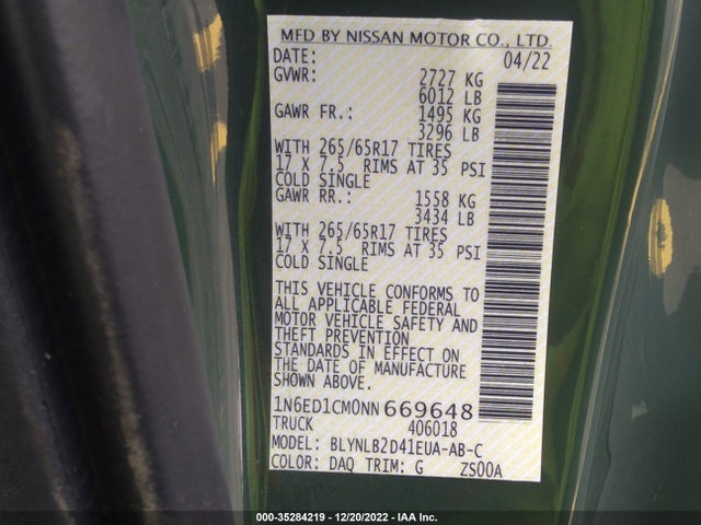 2022 NISSAN FRONTIER SV VIN: 1N6ED1CM0NN669648
