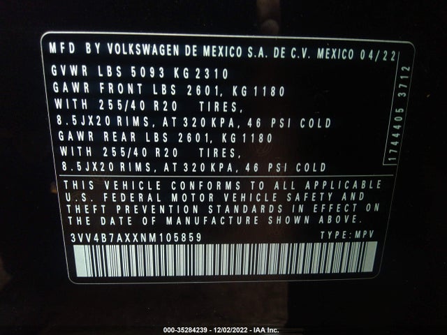 2022 Volkswagen Tiguan, VIN: 3VV4B7AXXNM105859