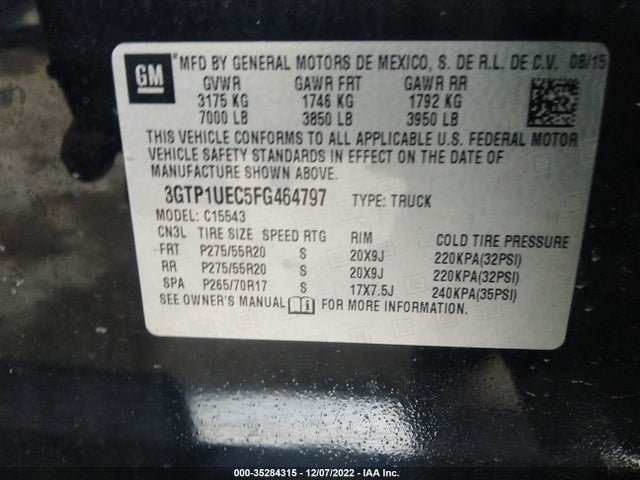 2015 GMC SIERRA 1500 SLE VIN: 3GTP1UEC5FG464797