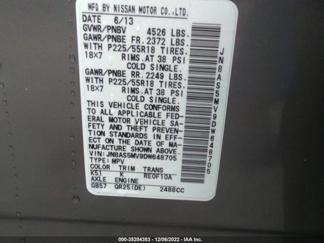 2013 NISSAN ROGUE SL VIN: JN8AS5MV9DW648705