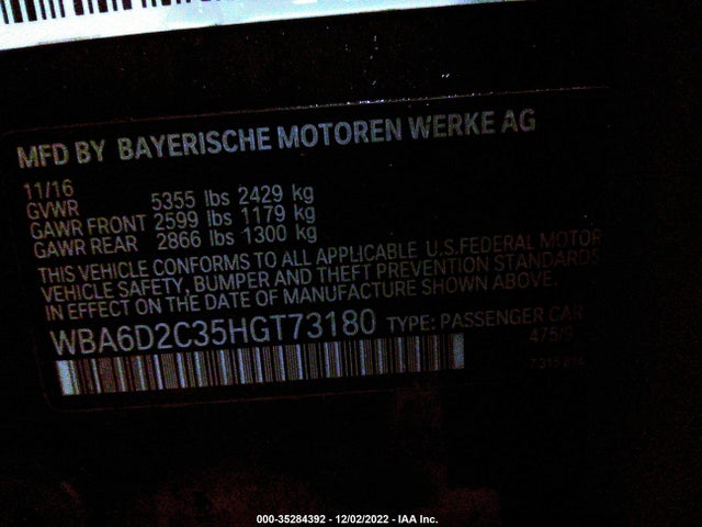 2017 BMW 6 Series, VIN: WBA6D2C35HGT73180
