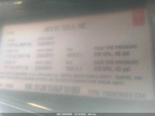 Tesla Model 3 Range Battery 2018 5YJ3E1EA9JF151959 Image 9