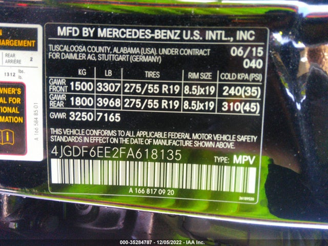 2015 Mercedes-Benz GL-Class, VIN: 4JGDF6EE2FA618135