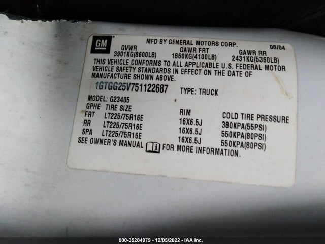 GMC SAVANA CARGO VAN 2005 1GTGG25V751122687 Image 11
