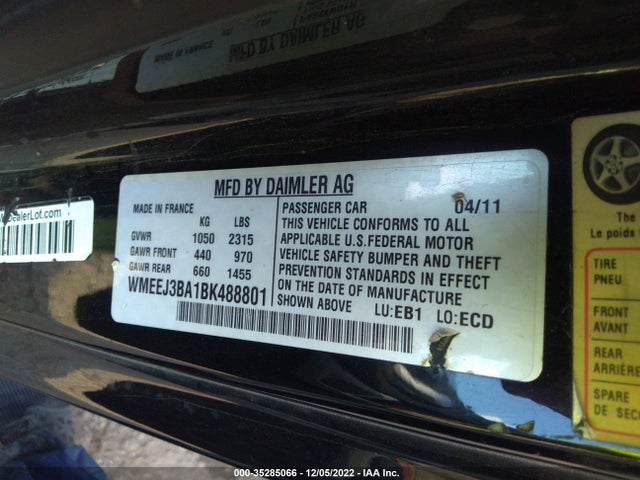 2011 SMART FORTWO PURE/PASSION VIN: WMEEJ3BA1BK488801