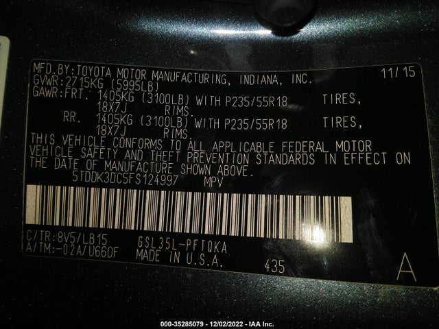 2015 Toyota Sienna, VIN: 5TDDK3DC5FS124997