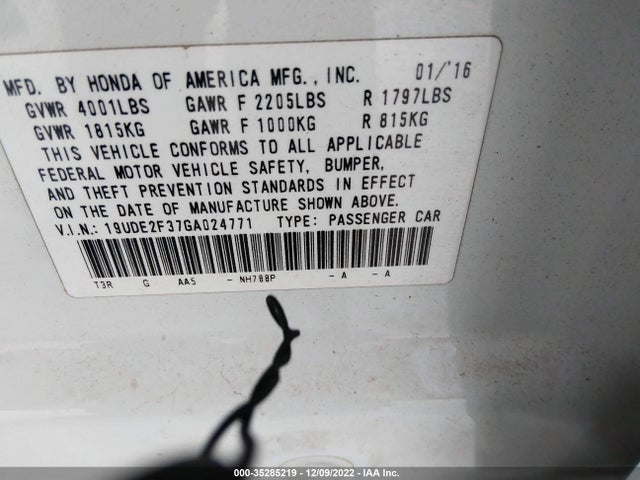 2016 ACURA ILX VIN: 19UDE2F37GA024771