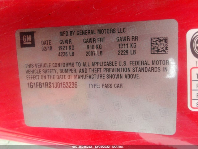2018 Chevrolet Camaro, VIN: 1G1FB1RS1J0153236