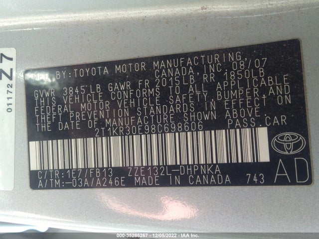 2008 TOYOTA MATRIX STD/XR VIN: 2T1KR30E98C698606