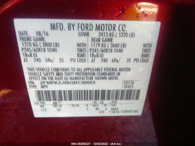 2016 FORD EDGE SEL VIN: 2FMPK3J99GBC30003
