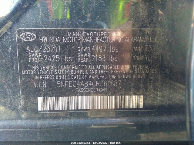 2012 HYUNDAI SONATA 2.0T LIMITED VIN: 5NPEC4AB4CH361887