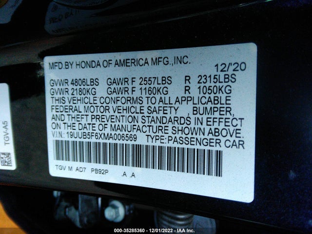 2021 Acura TLX, VIN: 19UUB5F6XMA006569