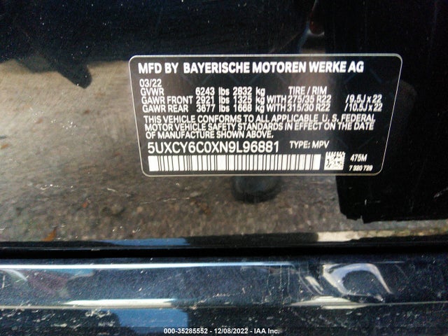 2022 BMW X6, VIN: 5UXCY6C0XN9L96881