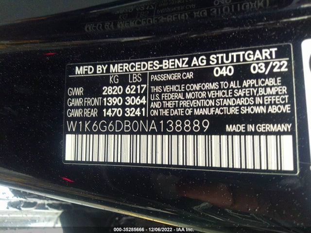 2022 Mercedes-Benz S-Class, VIN: W1K6G6DB0NA138889