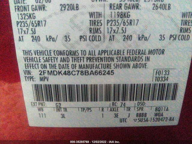 2008 FORD EDGE SEL VIN: 2FMDK48C78BA66245