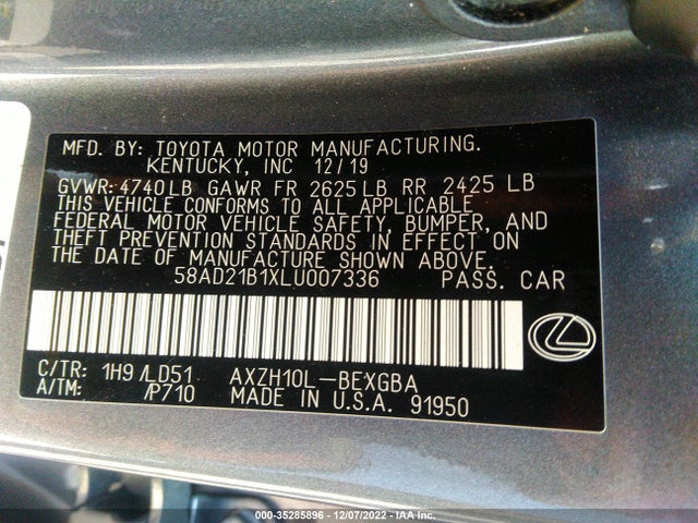 2020 Lexus ES, VIN: 58AD21B1XLU007336