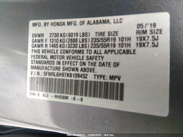 Honda Odyssey Elite 2019 5FNRL6H97KB109452 Image 9