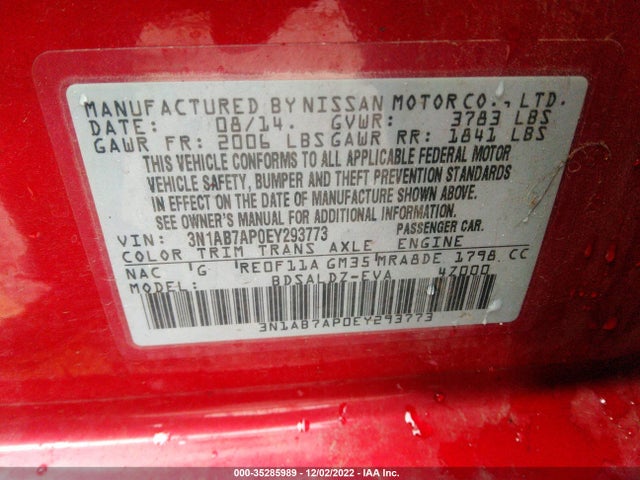 2014 NISSAN SENTRA SV VIN: 3N1AB7AP0EY293773