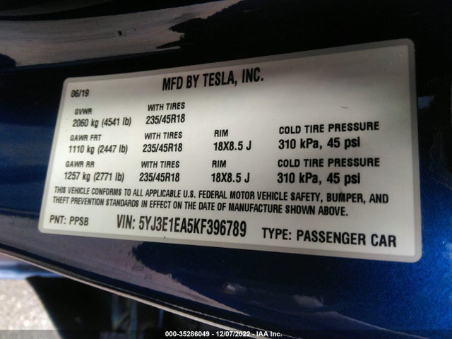 Tesla MODEL 3 2019 5YJ3E1EA5KF396789 Image 9