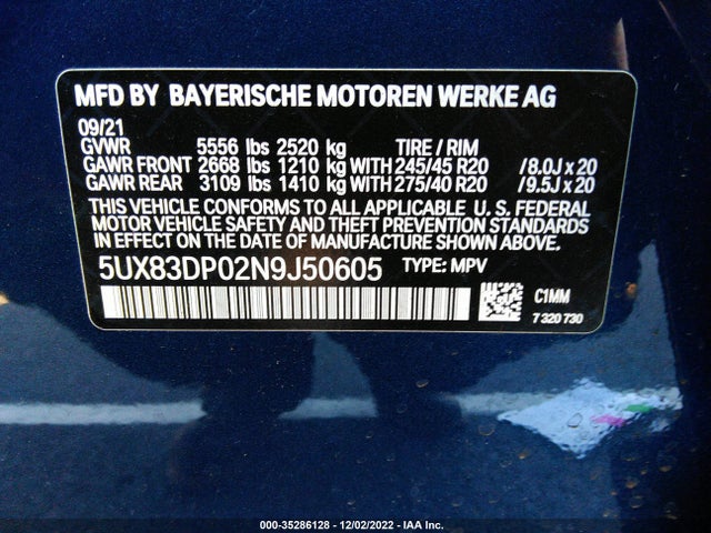 BMW X3 M40i 2022 5UX83DP02N9J50605 Image 9