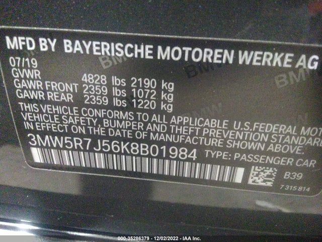2019 BMW 3 SERIES 330I XDRIVE VIN: 3MW5R7J56K8B01984