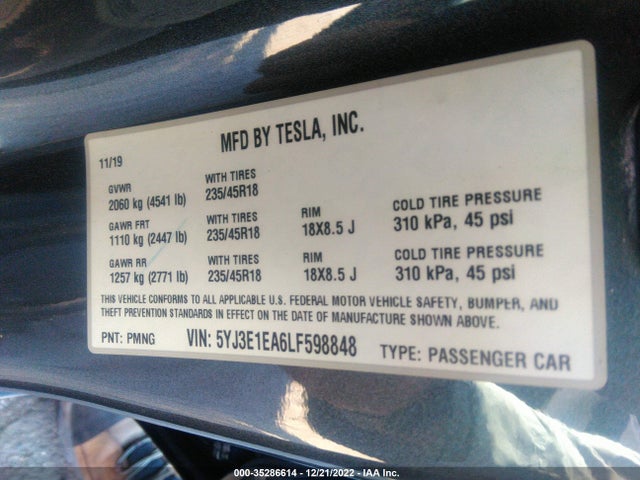 Tesla Model 3 Standard Range 2020 5YJ3E1EA6LF598848 Image 11