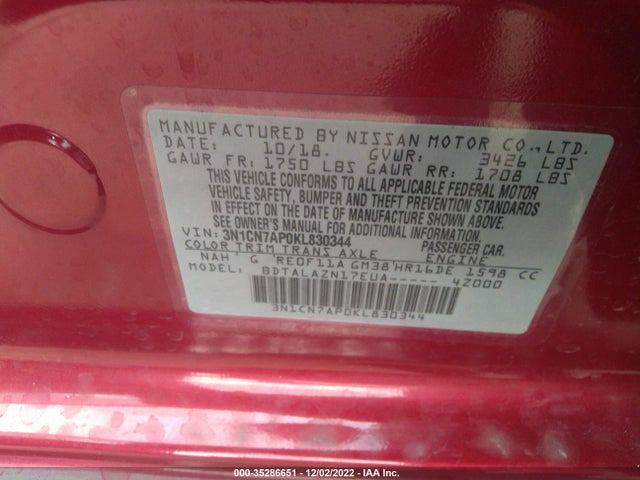 2019 Nissan Versa, VIN: 3N1CN7AP0KL830344