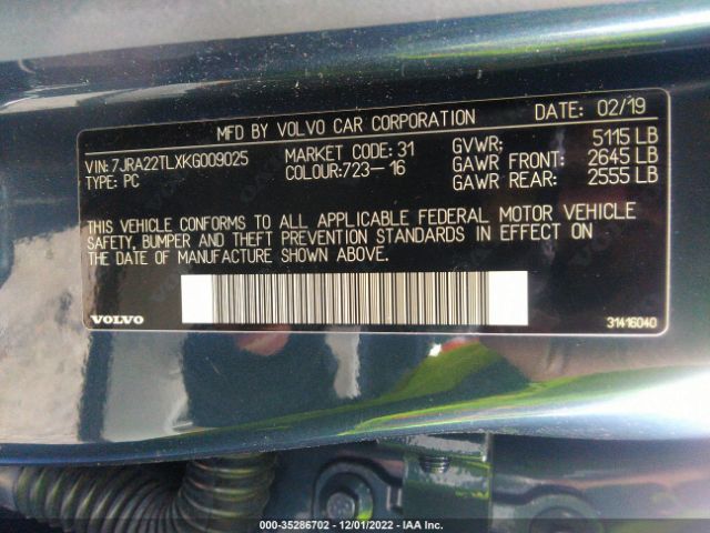 7JRA22TLXKG009025 Volvo S60 INSCRIPTION