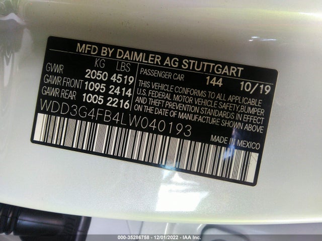 2020 Mercedes-Benz A-Class, VIN: WDD3G4FB4LW040193